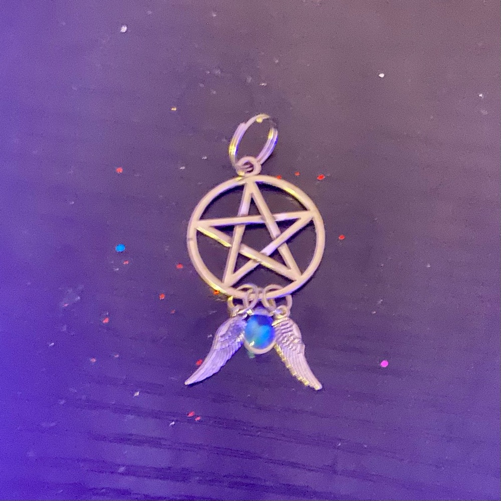 Large Mystical Silver Pentacle Necklace with Wing Accents + aura stone drop.